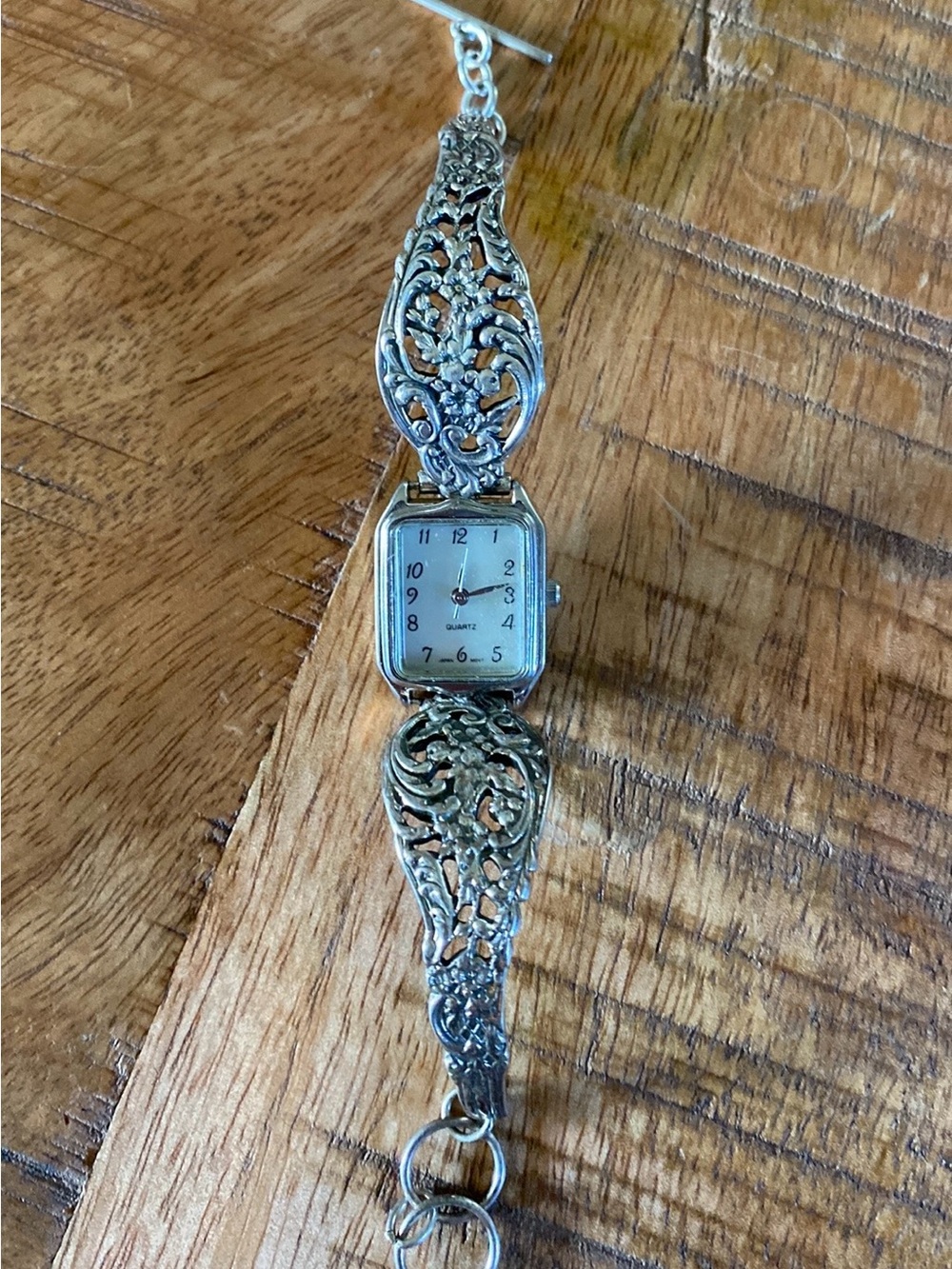 Silver Spoon Quartz Watch with Floral Filigree Band